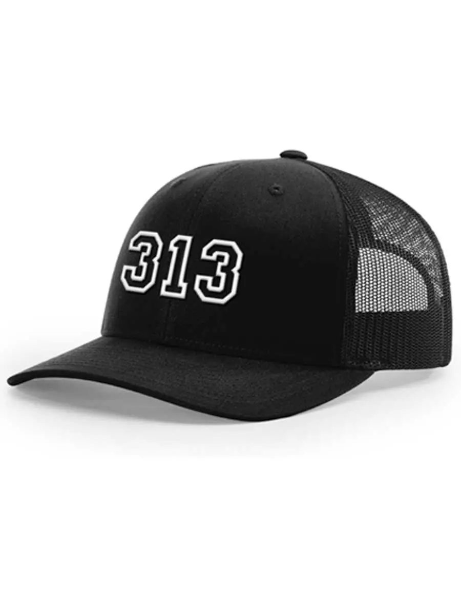 313 Snapback Trucker Hat - Raised Embroidery - White / Black 1