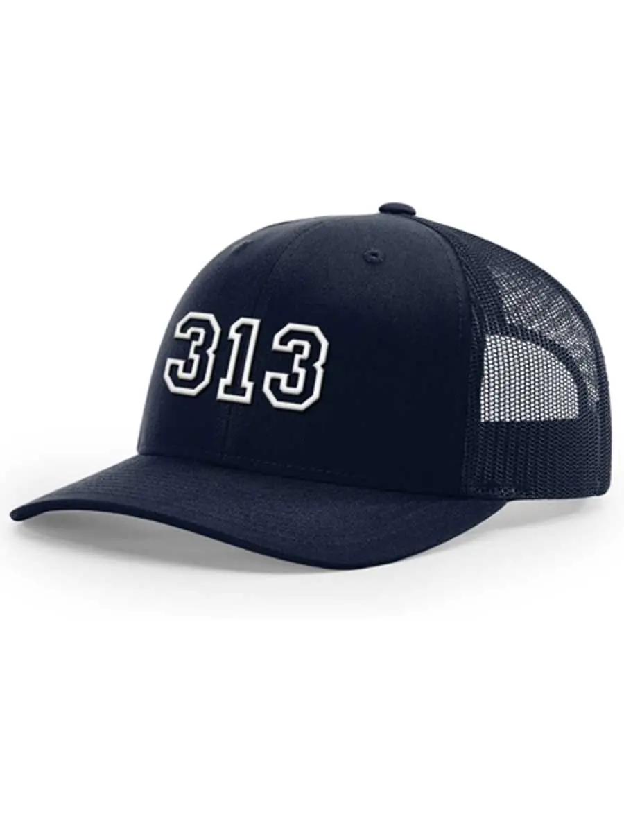 313 Snapback Trucker Hat - Raised Embroidery - White / Navy 1