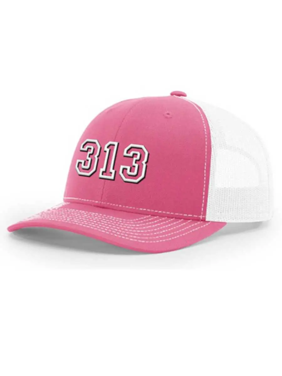 313 Snapback Trucker Hat - Raised Embroidery - White / Pink & White 1