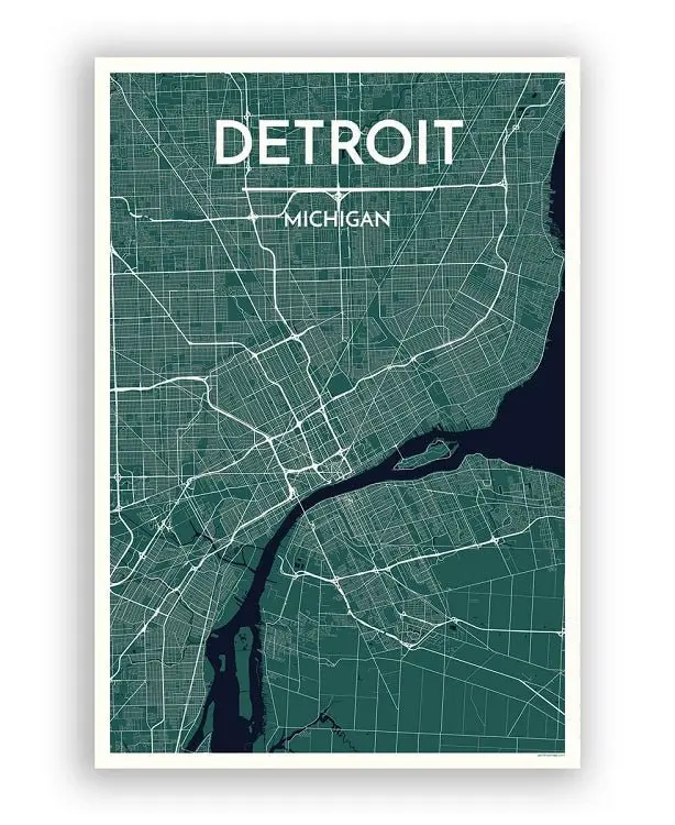 12" X 18" Detroit City Map Print - Jewel 1
