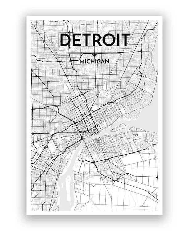 12" X 18" Detroit City Map Print - White + Black 1