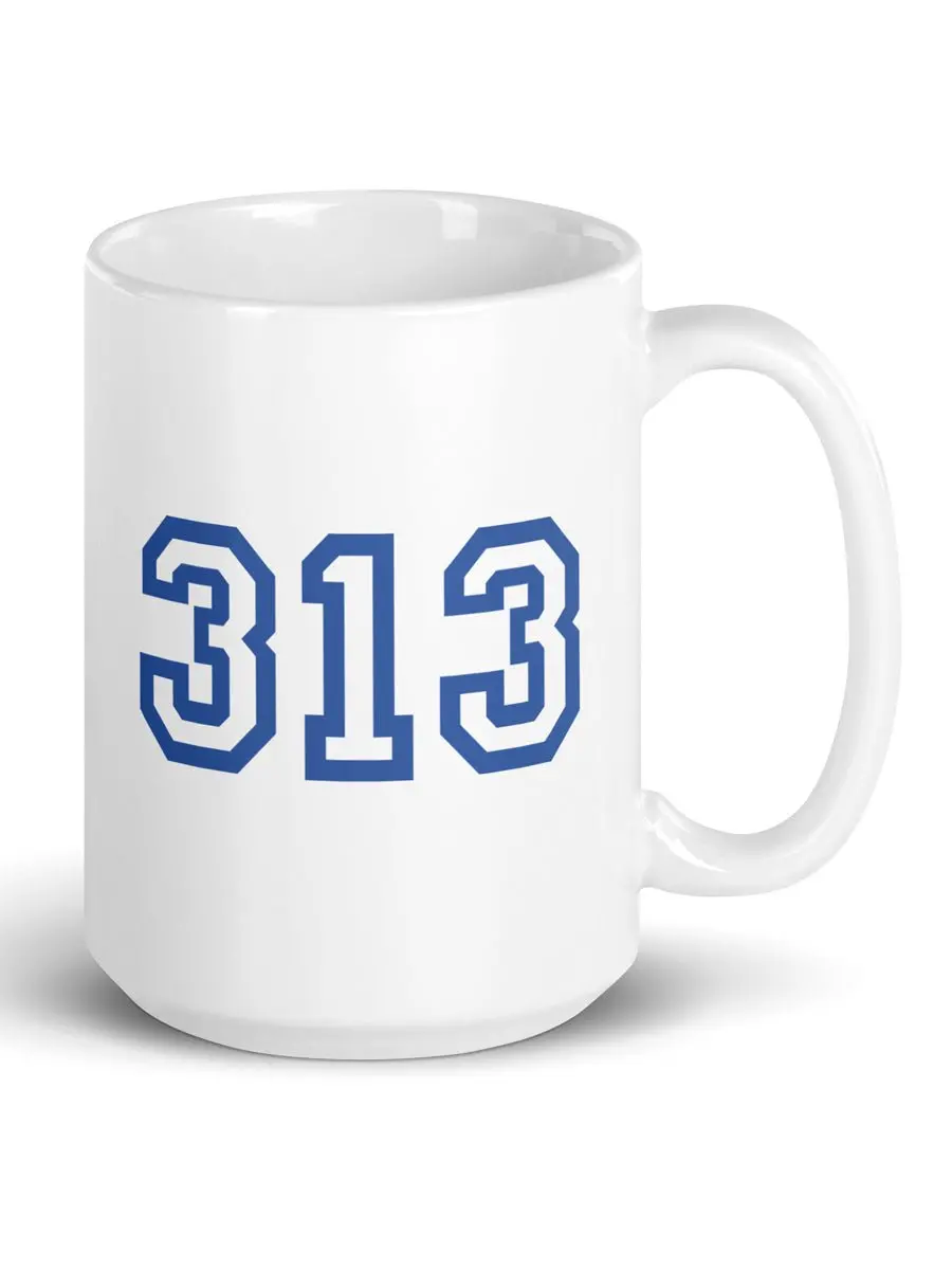 313 Detroit Ceramic Coffee Mug 15 Oz - White / Blue 1