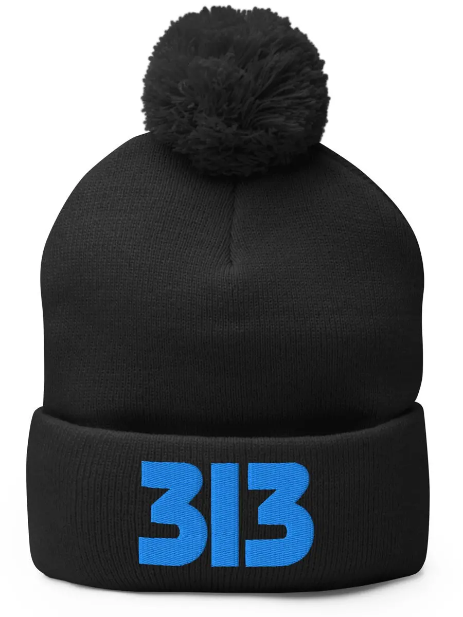 313 Detroit Embroidered Pom-Pom Beanie - Black / Blue 1