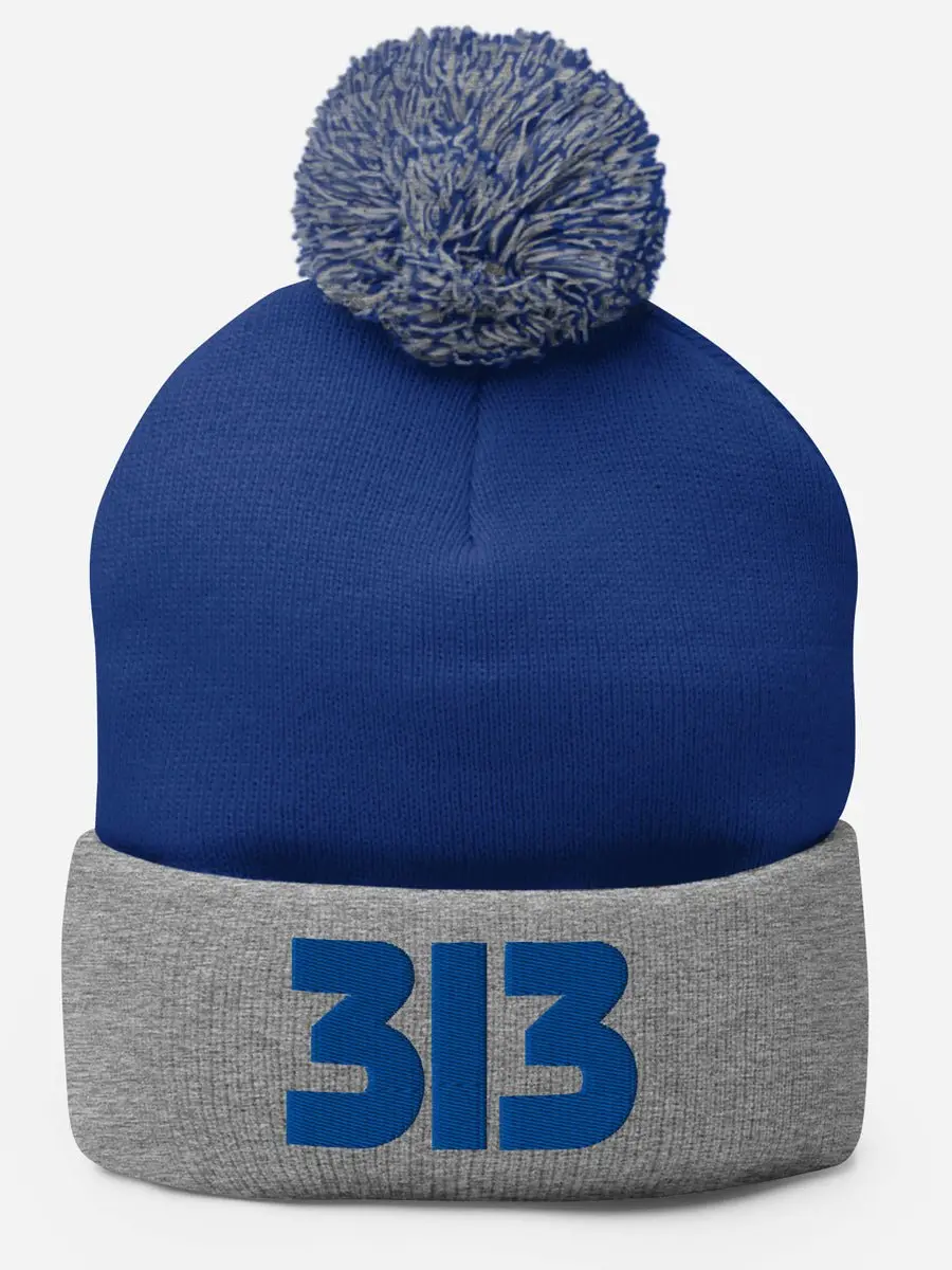 313 Embroidered Pom-Pom Beanie - Blue / Gray 1