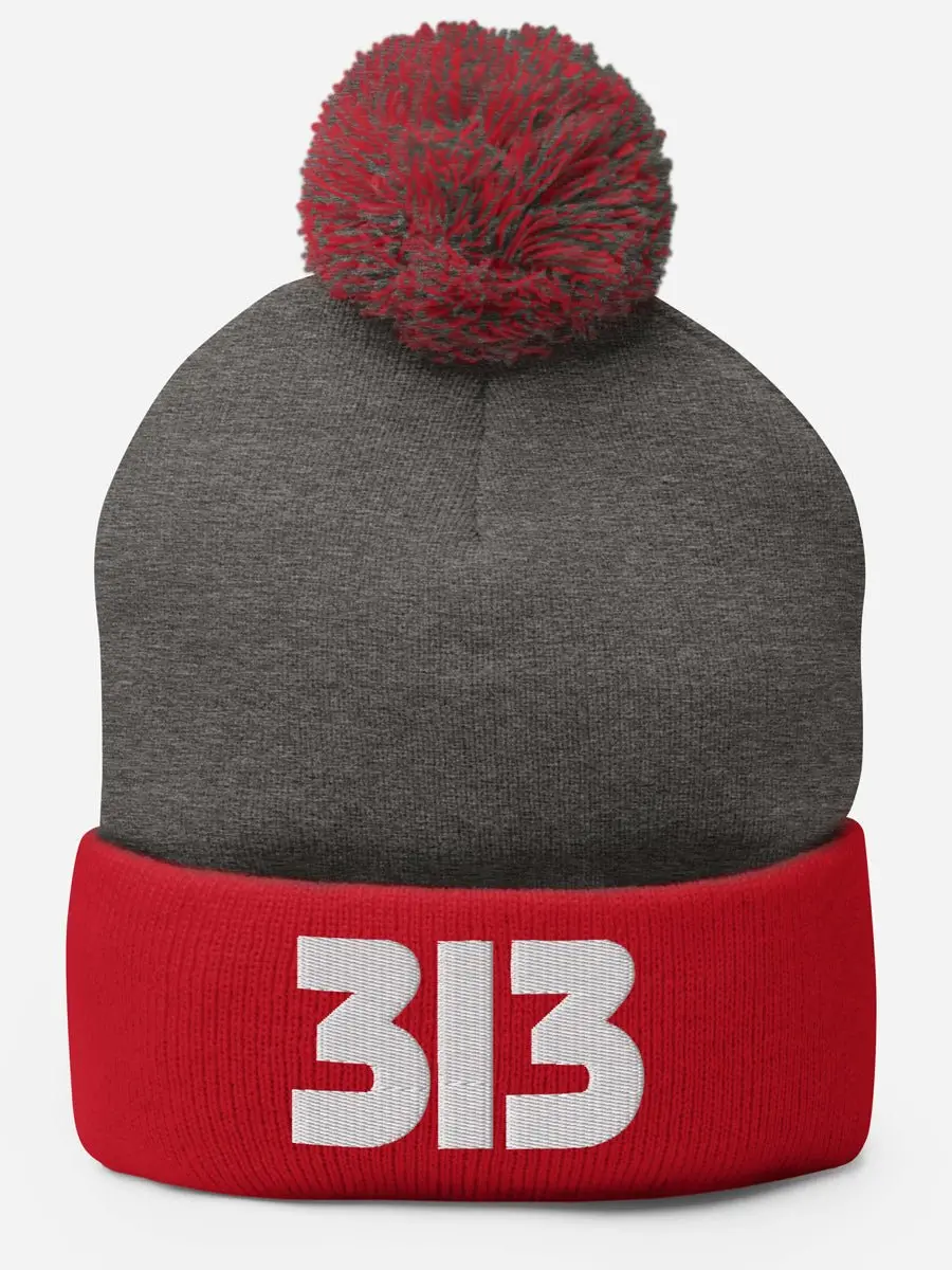 313 Embroidered Pom-Pom Beanie - Red / Gray / White 1