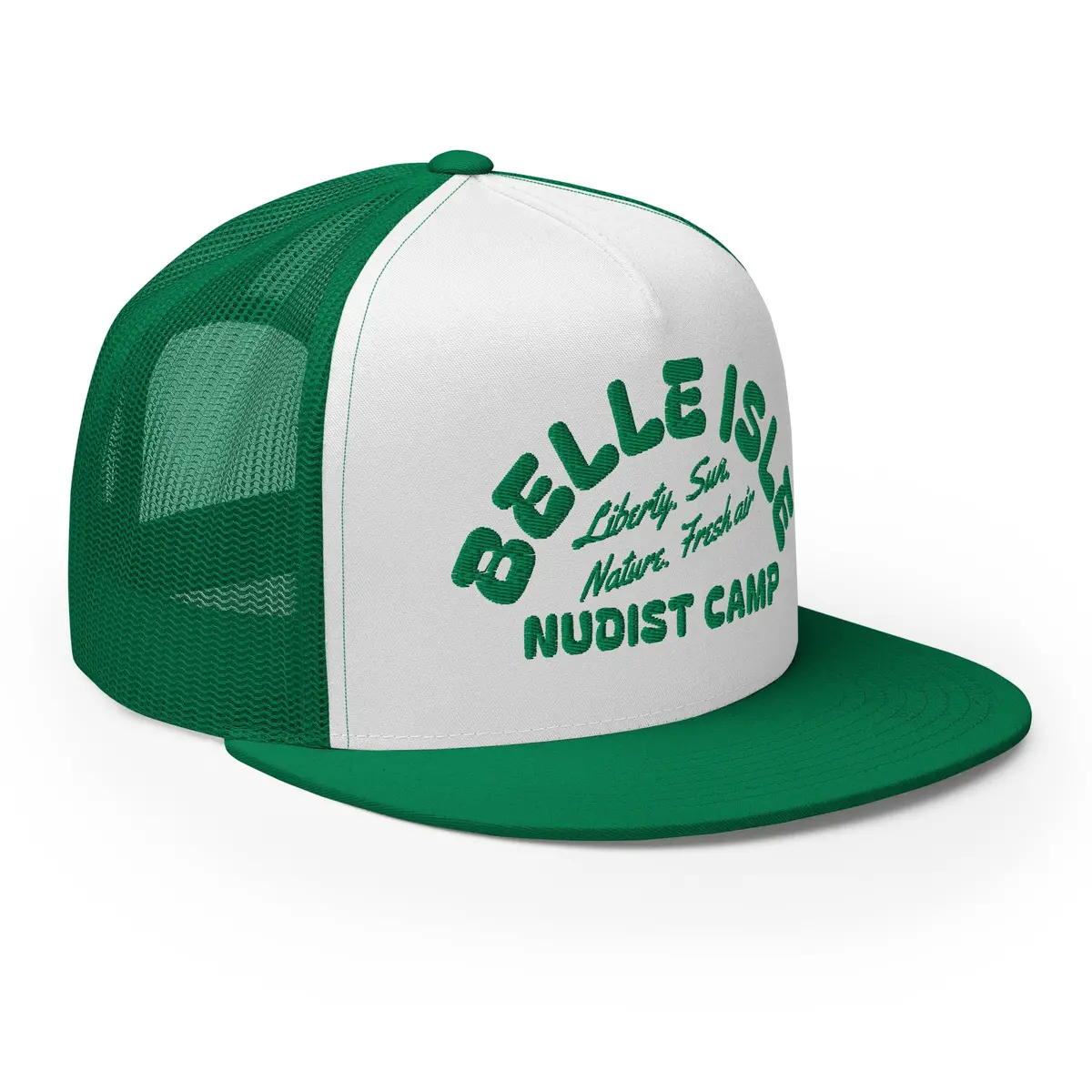 Belle Isle Nudist Camp Trucker Cap - Kelly Green / White - Embroidered With Kelly Green 1