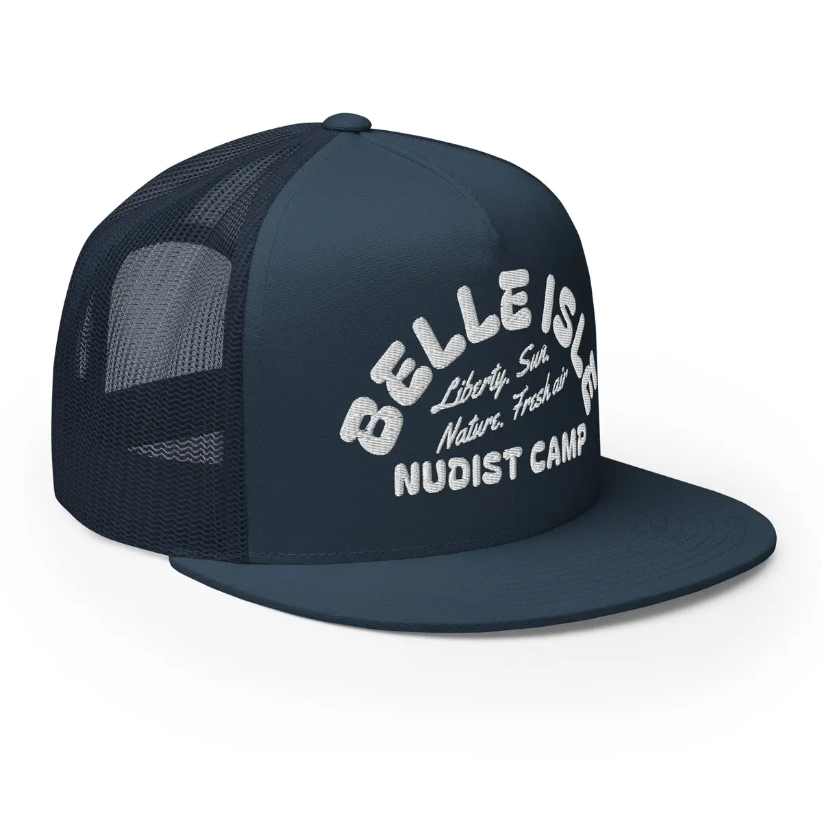 Belle Isle Nudist Camp Trucker Cap - Navy - Embroidered With White 1