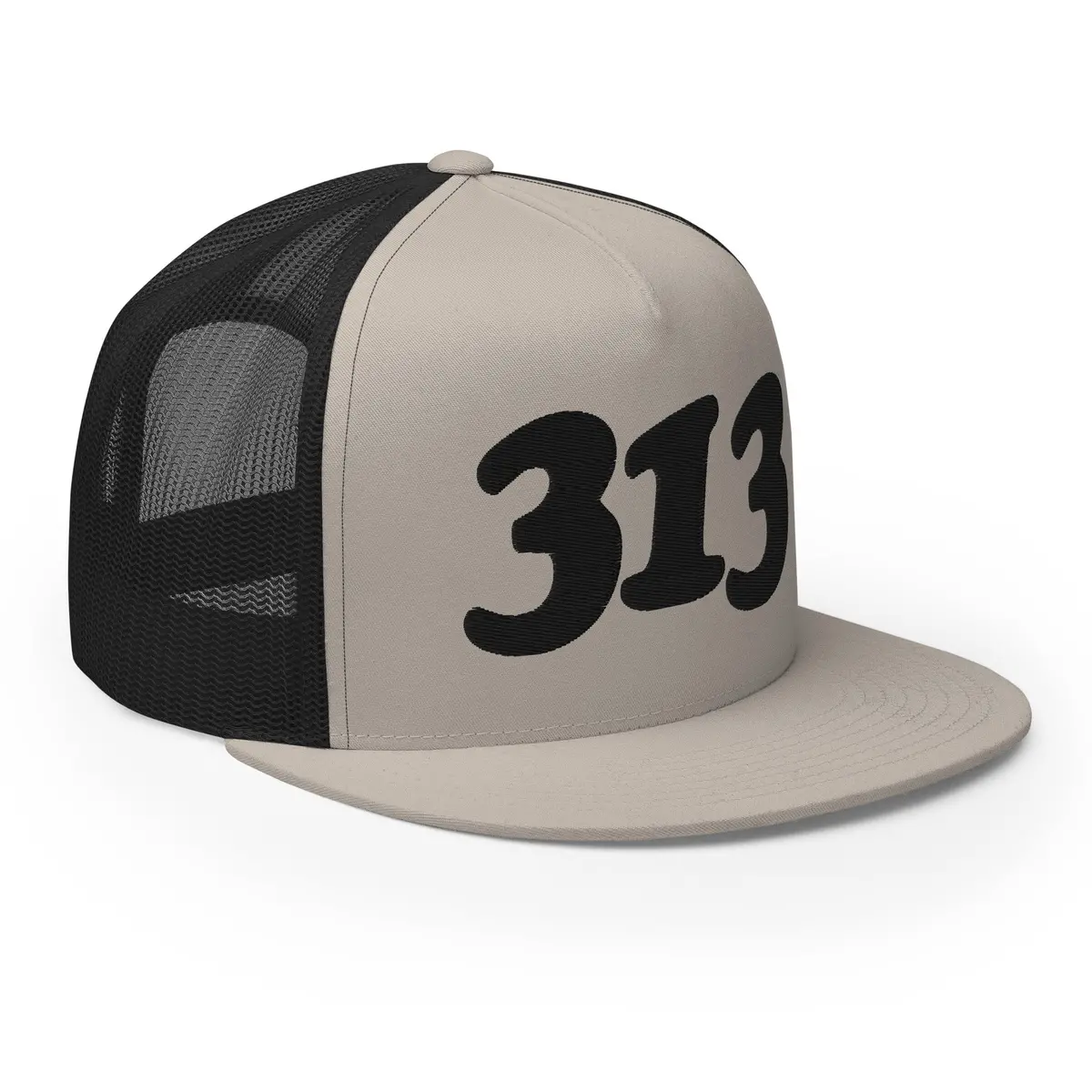 313 Detroit Trucker Cap - Black And Silver - Embroidered With Black 1