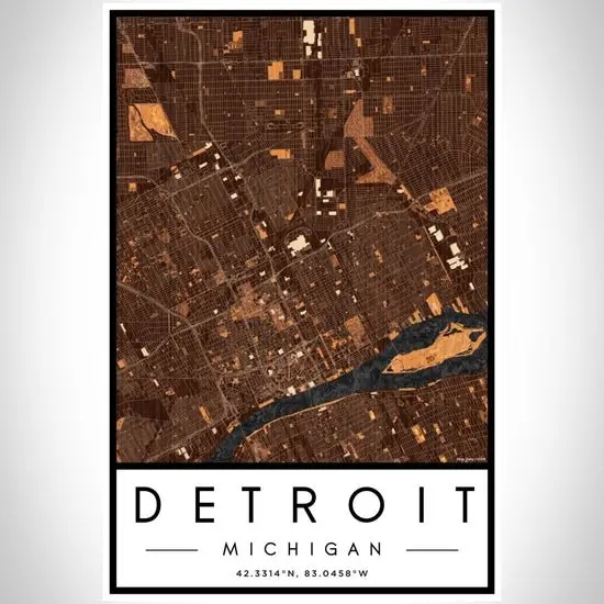12" X 18" Detroit Mi Map Print Ember - Vertical 1
