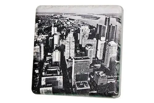 Detroit Aerial Skyline Black & White Porcelain Tile Coaster 1
