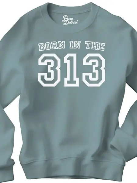 Born In The 313 Premium Sweatshirt - White / Blue Lagoon 1