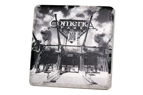 Comerica Park Entrance Black & White Porcelain Tile Coaster 1