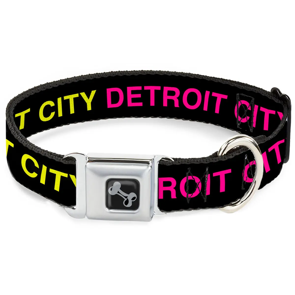 Detroit City Seatbelt Dog Collar - Black / Turquoise / Yellow / Pink 1