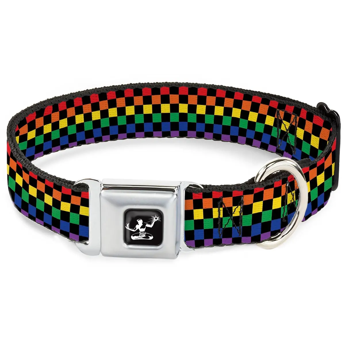 Spirit Of Detroit Seatbelt Buckle Dog Collar - Checker Black / Rainbow Multi Color 1