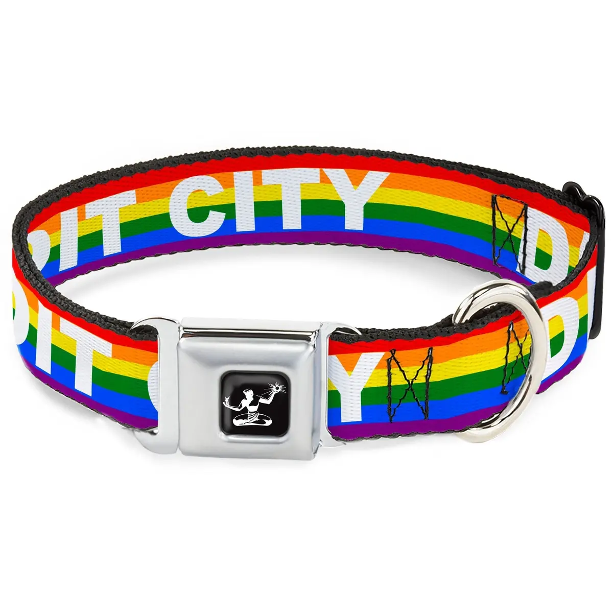 Detroit City Seatbelt Buckle Dog Collar - Pride Flag Rainbow / White 1