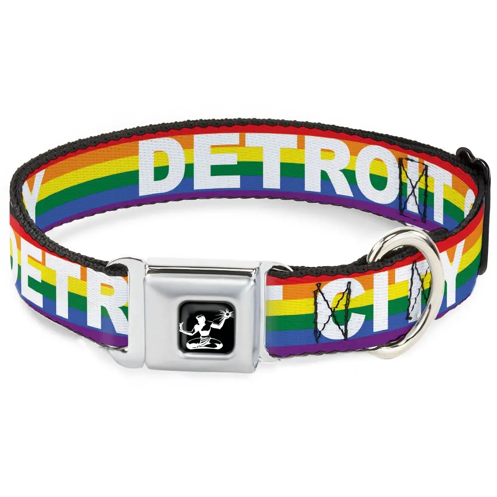 Spirit Of Detroit Dog Collar / White Detroit City + Rainbow Stripe 1