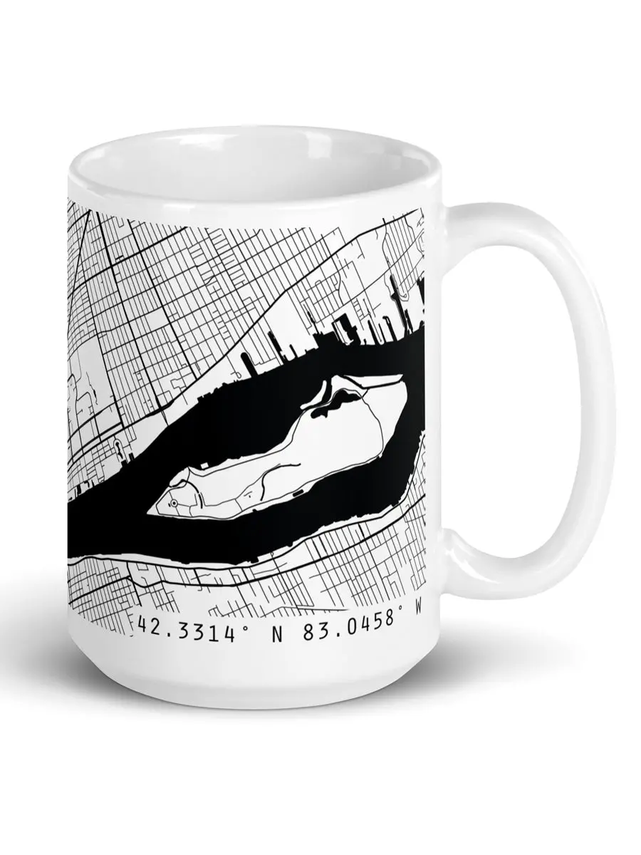Detroit City Map Ceramic Coffee Mug 15 Oz - White / Black 1