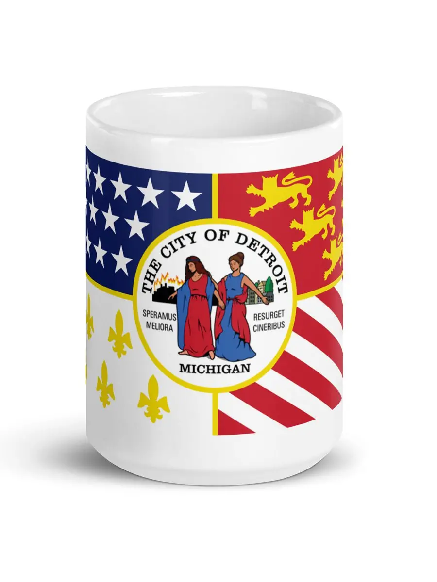 Detroit City Flag Ceramic Coffee Mug 15 Oz - White / Multicolor 1
