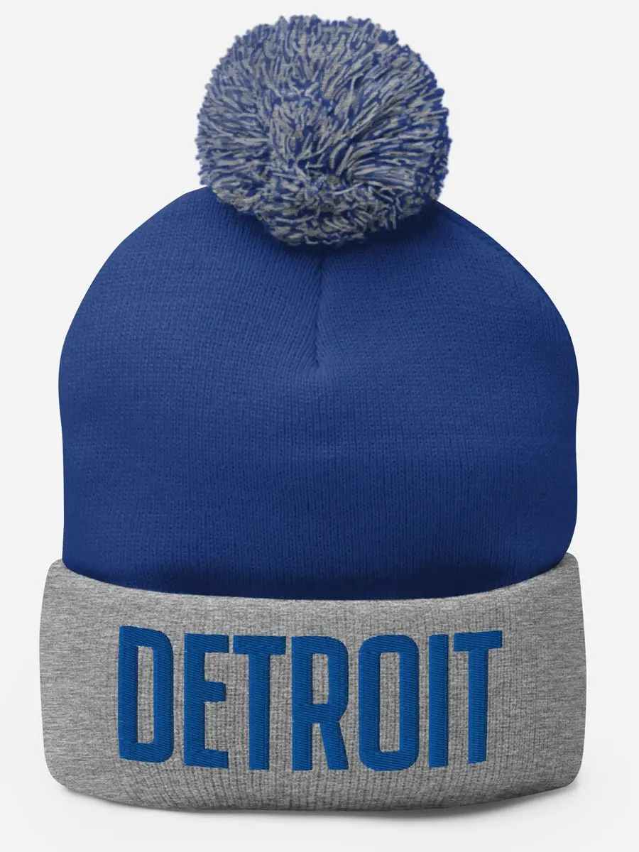 Detroit Embroidered Pom-Pom Beanie - Blue / Gray 1