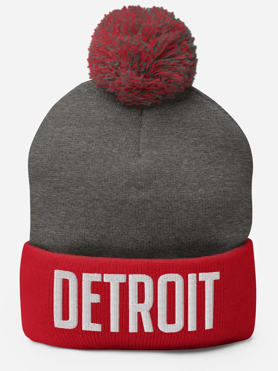Detroit Embroidered Pom-Pom Beanie - Red / Gray / White 1