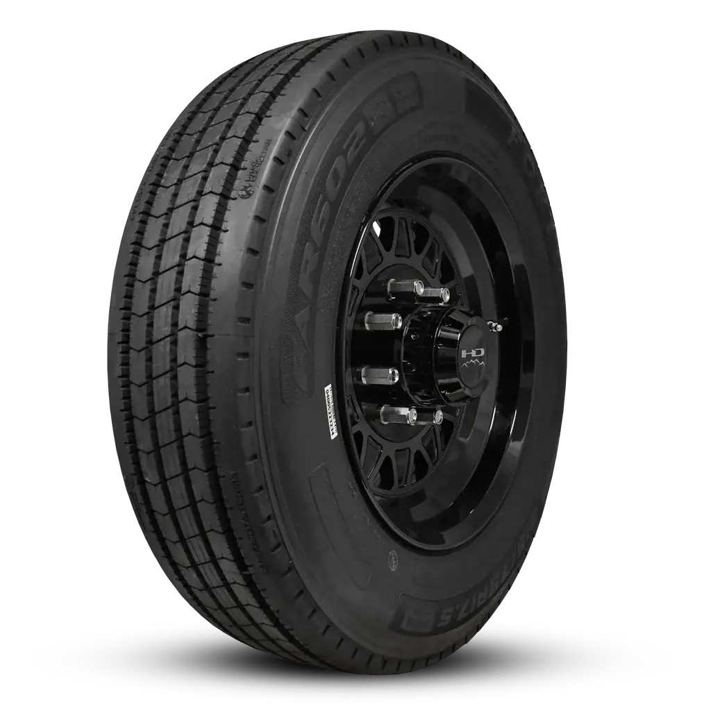 215/75R17.5 16-Ply Trailer Tire On 17.5" 8-6.5 Lug Centric Gloss Black Hdt Forged Wheel 1