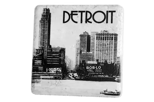 Historic Detroit Skyline Black & White Porcelain Tile Coaster 1