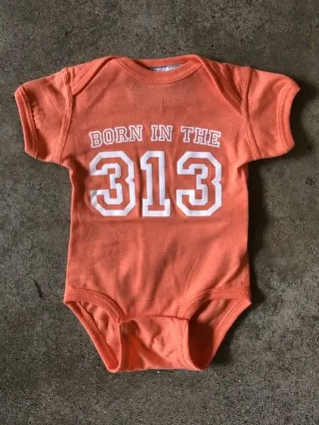 Born In The 313 Onesie / White + Papaya / Newborn 1