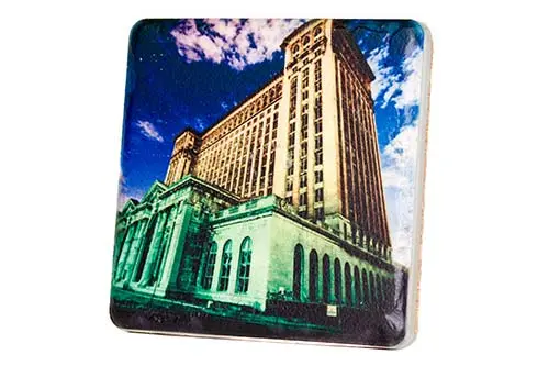 Michigan Central Station At Night Porcelain Tile Coaster 1