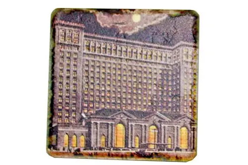 Vintage Michigan Central Station At Night Tile Coaster 1