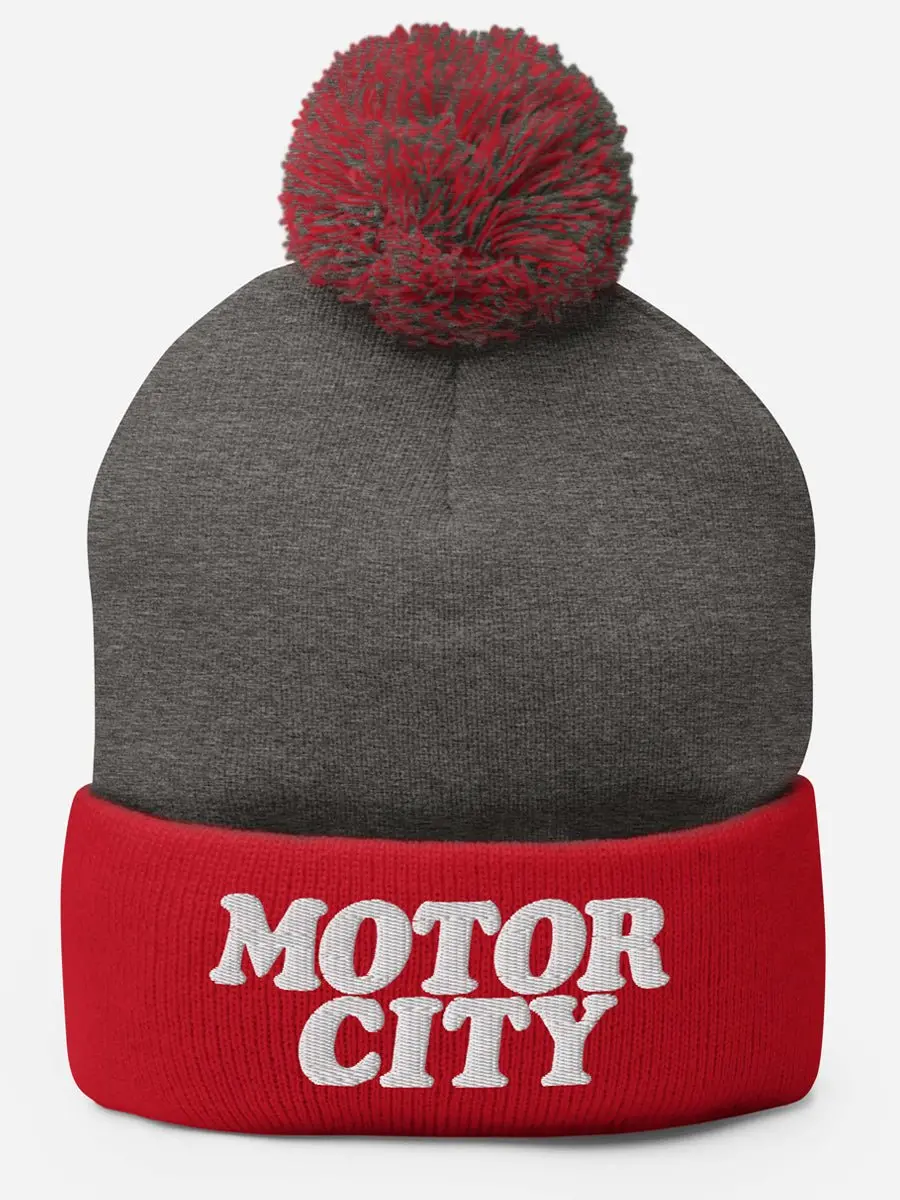 Motor City Pom-Pom Beanie - Red / Gray / White 1