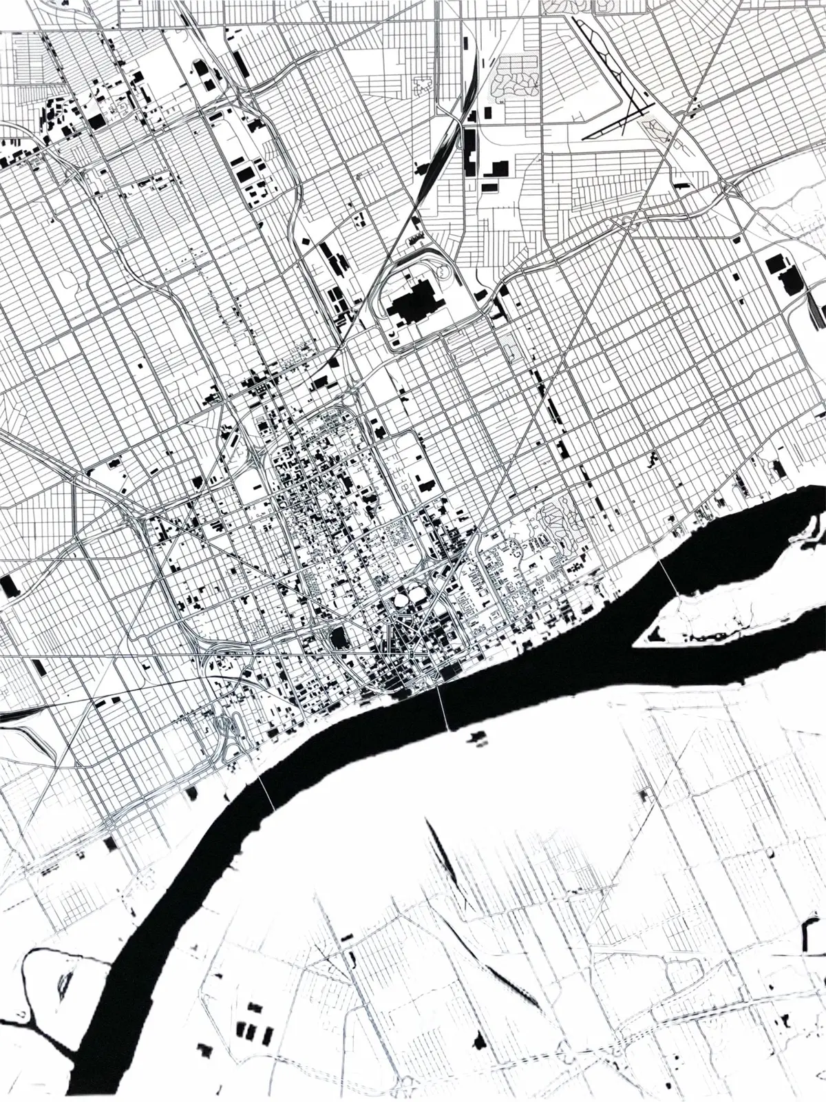 11" X 14" Detroit Black & White Map 1