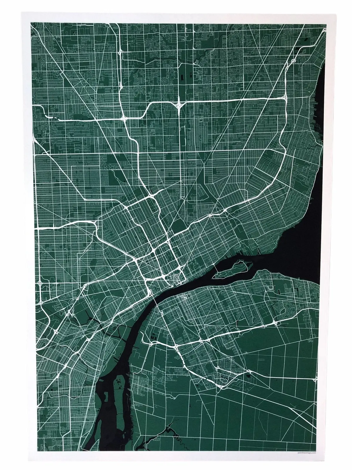 12" X 18" Detroit City Map Print -Jewel + Black (No Words) 1