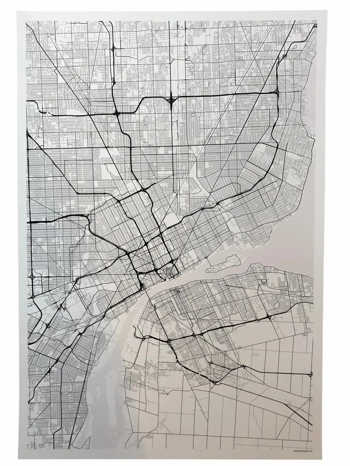 12" X 18" Detroit City Map Print - White + Black (No Words) 1