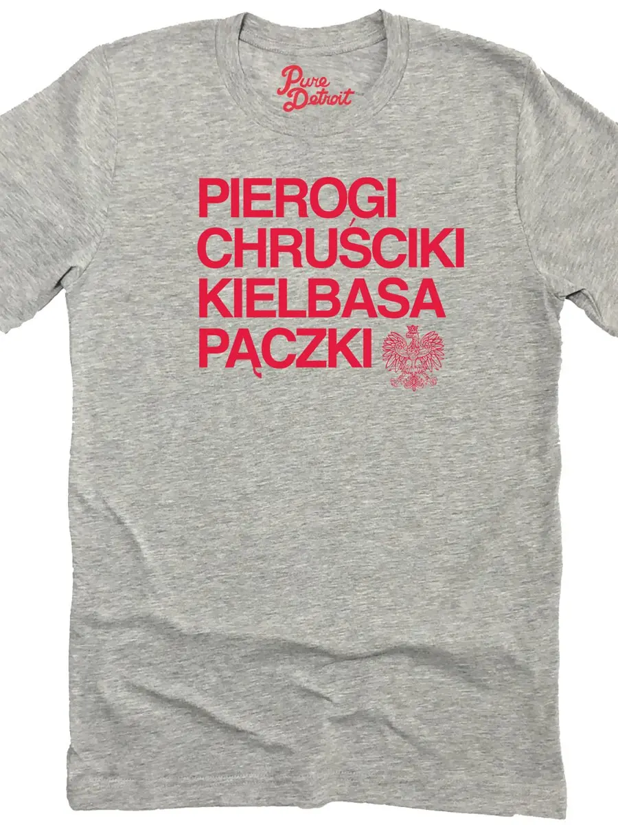 Pierogi Chrusciki Kielbasa Paczki Premium Unisex T-Shirt - Athletic Gray / Red 1