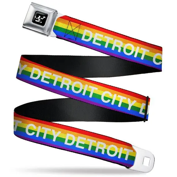 Spirit Of Detroit Seatbelt Belt / White Detroit City Logo + Rainbow Webbing 1