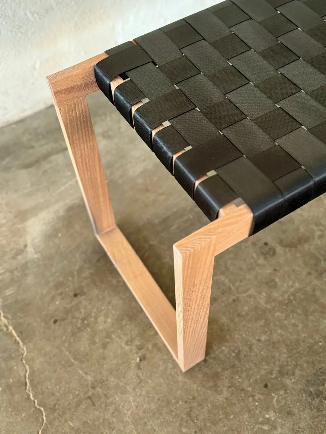 Motor City Seatbelt Bench - Overdrive - White Oak Frame With Black Seatbelt Belts 1