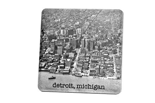Vintage Historic Detroit Aerial Black & White Porcelain Tile Coaster 1