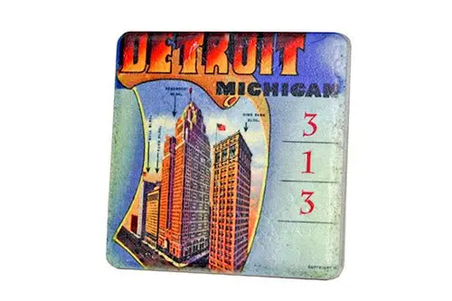 Vintage Detroit 313 Skyscrapers Porcelain Tile Coaster 1