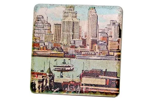 Vintage Detroit River Skyline Tile Coaster 1