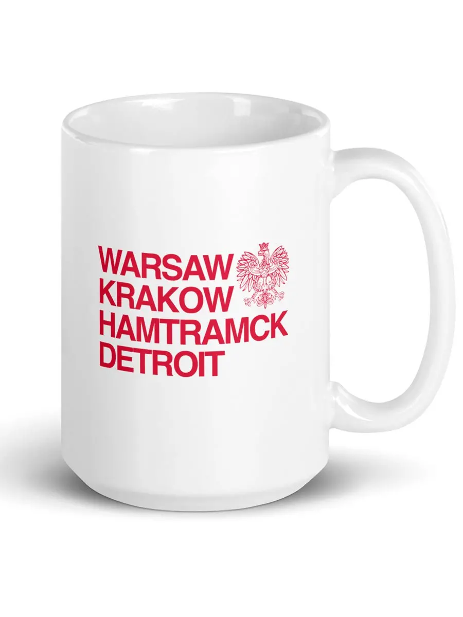 Warsaw Krakow Hamtramck Detroit Ceramic Coffee Mug 15 Oz - White / Red 1