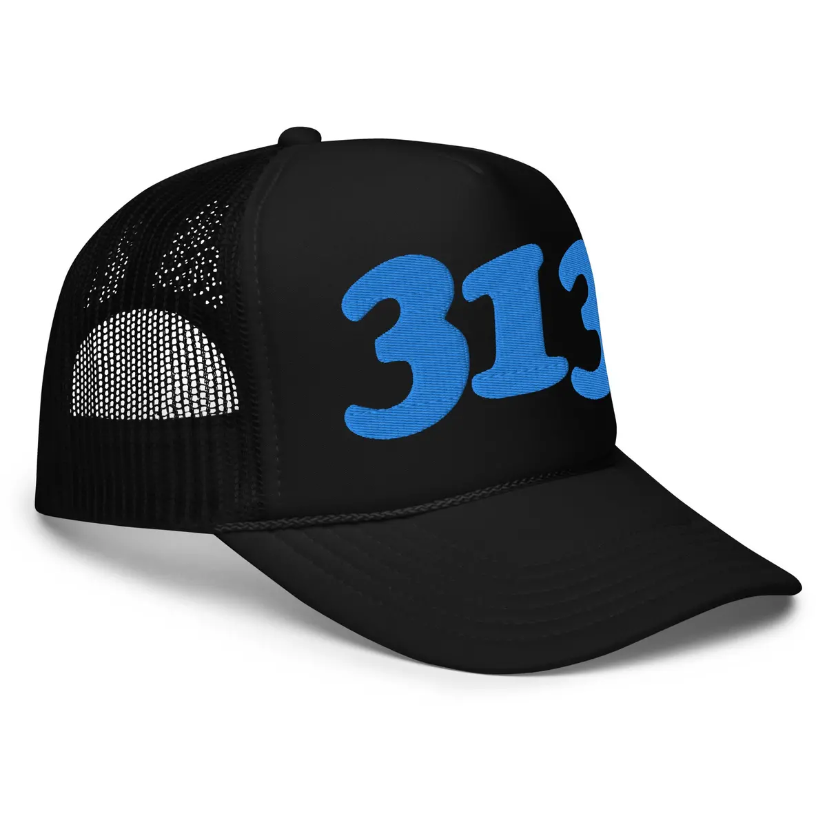313 Detroit Foam Trucker Hat - Black  - Embroidered With Blue 1