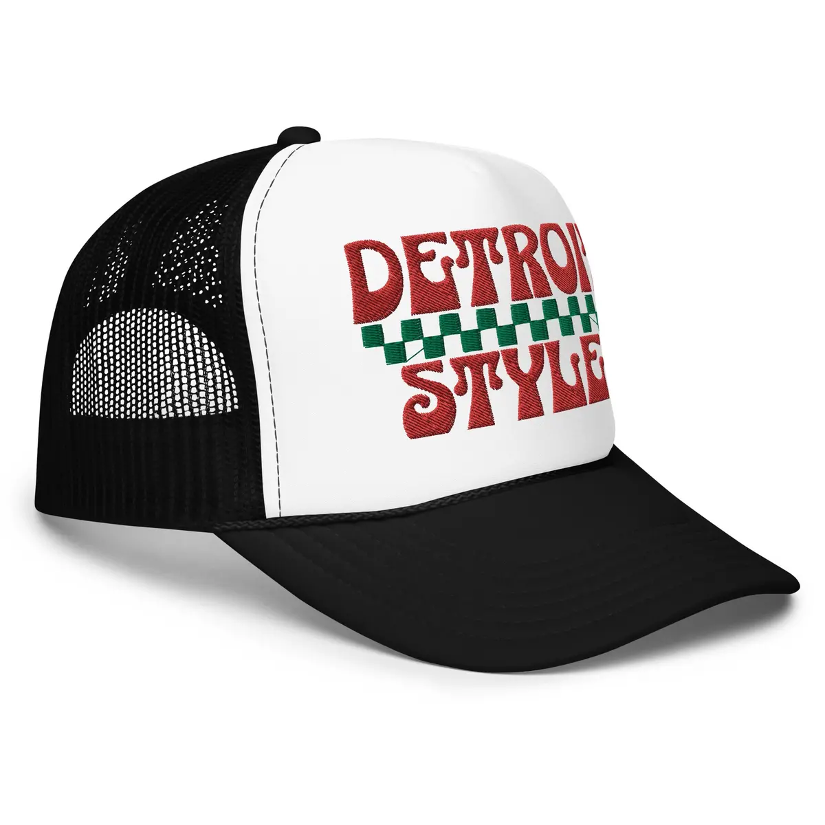 Detroit Style Pizza Foam Trucker Hat - Black & White - Embroidered With Red & Green 1