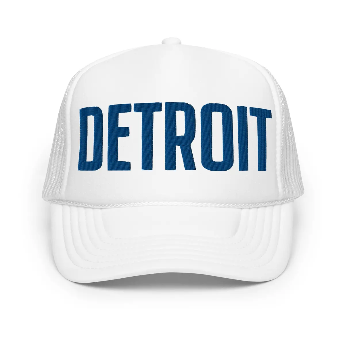 Detroit Foam Trucker Hat - White - Embroidered With Blue 2