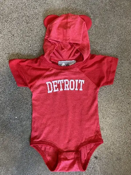 Detroit Collegiate Arch Bodysuit Onesie With Ears / White + Holly Berry / Newborn 1