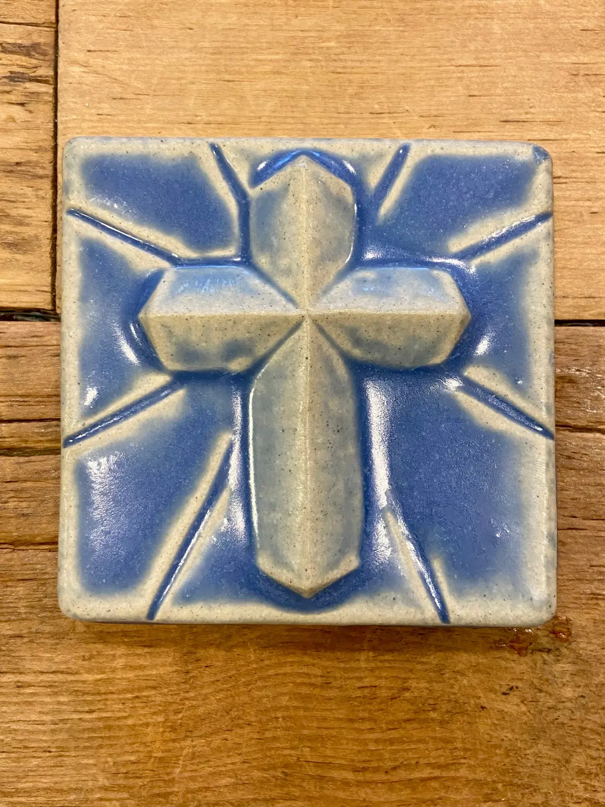 4X4 Mario's Cross Pewabic Tile - Periwinkle 1