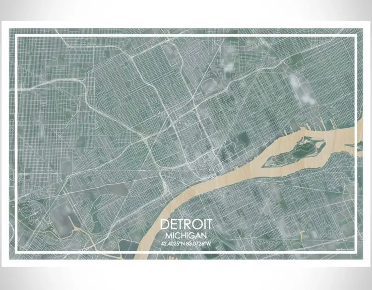 12" X 18" Detroit Mi Map Print Woodblock/ Green - Horizontal 1