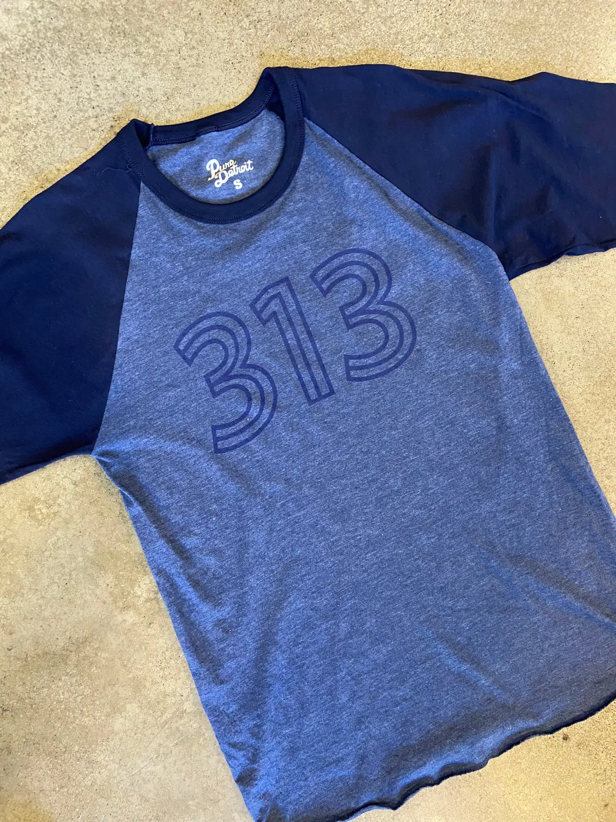 Detroit 313 Baseball Tee / Heathered Denim + Navy / Unisex 1