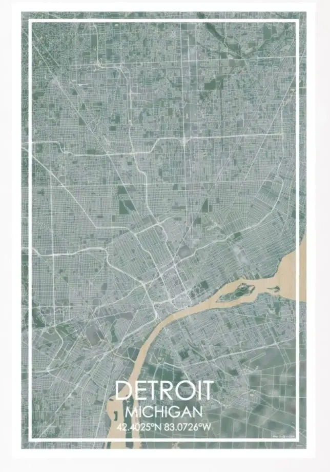 12" X 18" Detroit Mi Map Print Woodblock/ Green - Vertical 1
