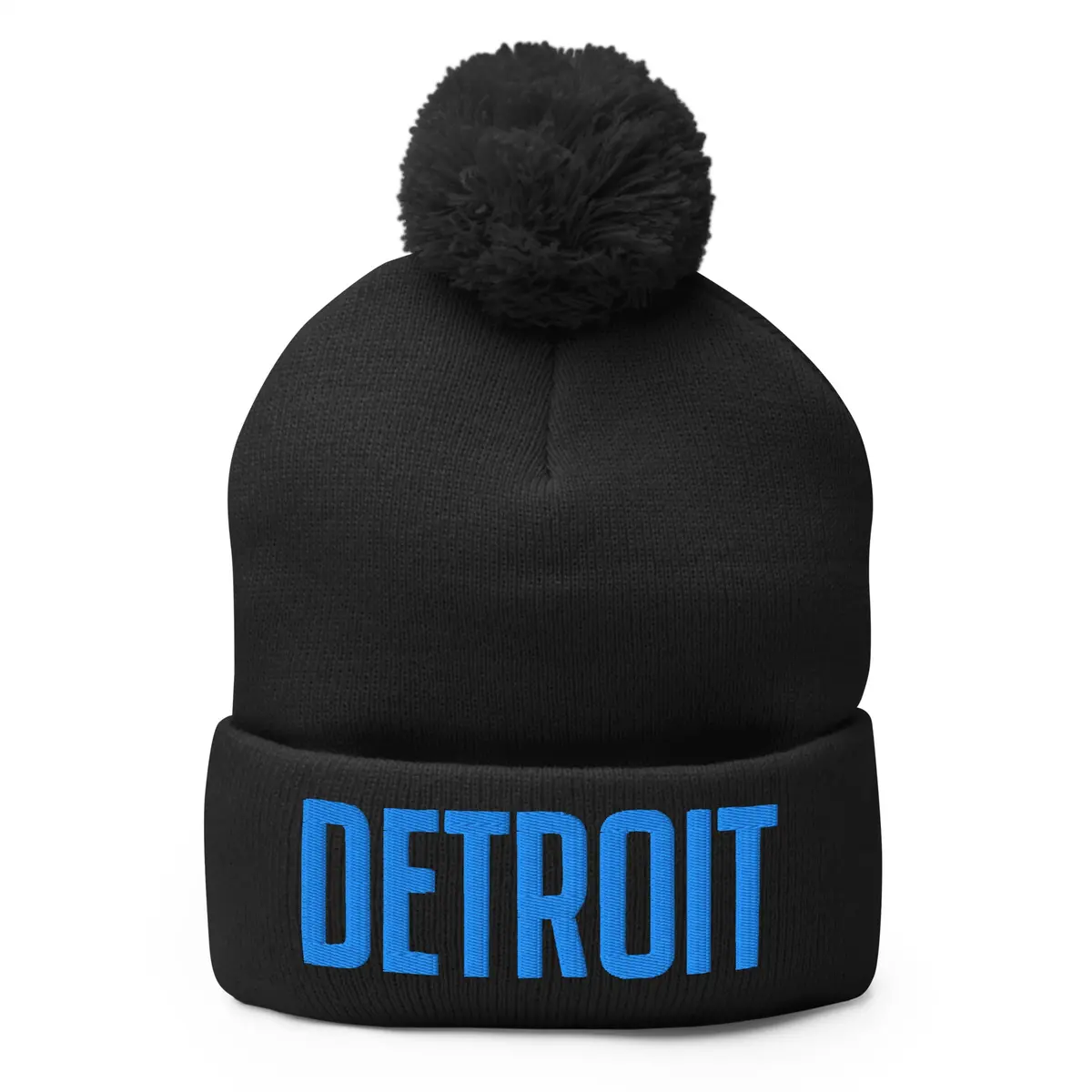 Detroit Embroidered Pom-Pom Beanie - Black / Blue 2