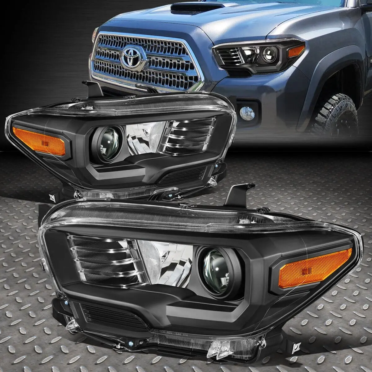 16-20 Toyota Tacoma Black Housing Amber Corner Projector Headlight Headlamp 1